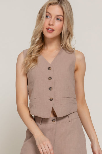 Women's Button Closure Linen Effect Vest